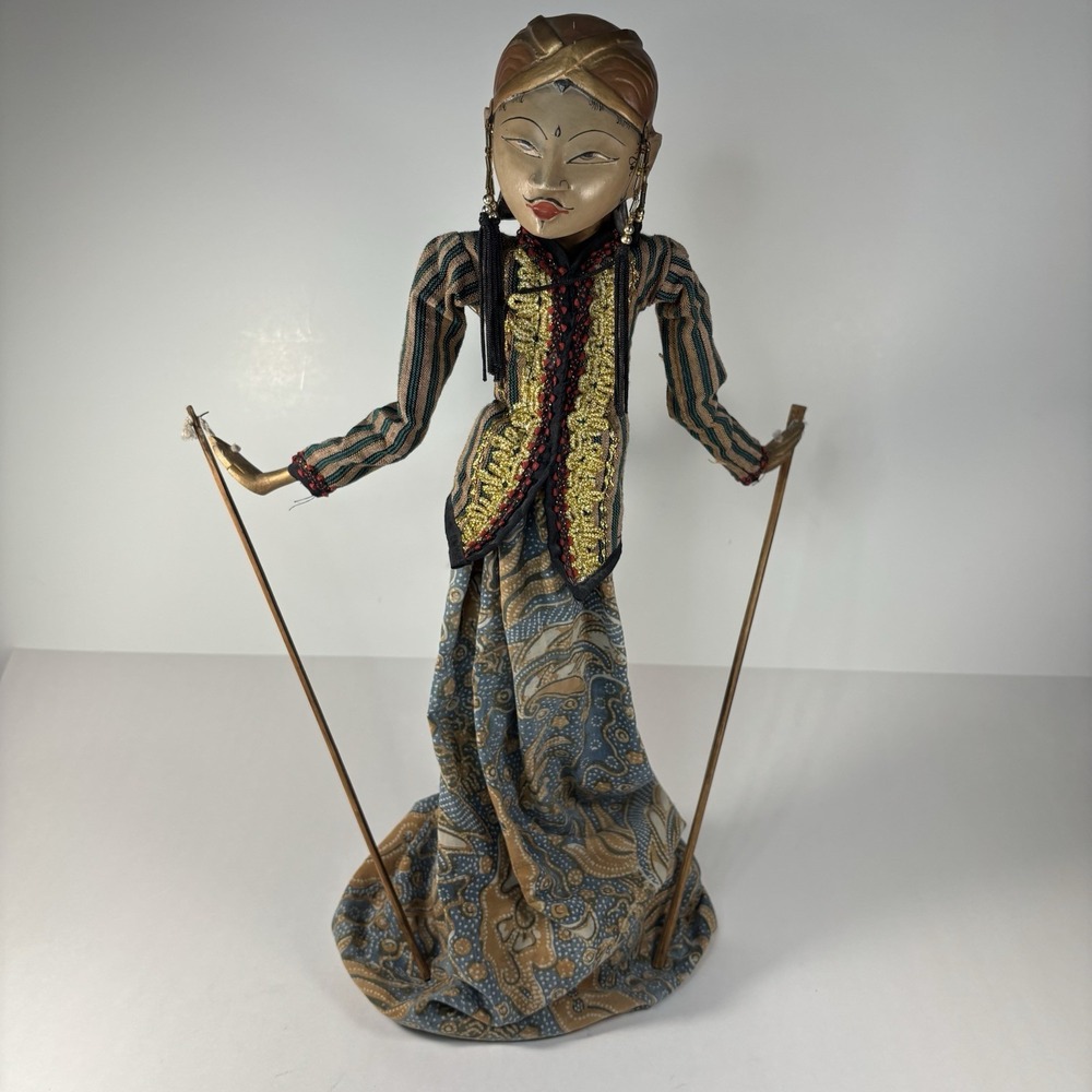 Vintage Indonesian Wayang Golek Wooden Stick Puppet | Hand-Carved Javanese Batik
